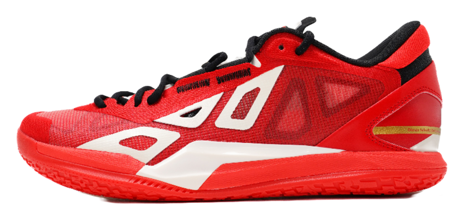 Red low-top basketball shoe with black laces and white logo panels