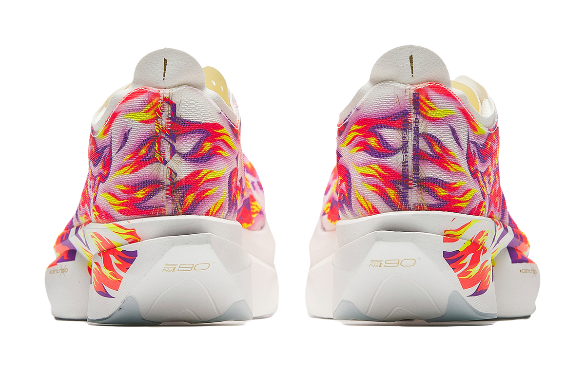 Marathon racing shoe heels, white with multicolor flame fabric and cushioned sole