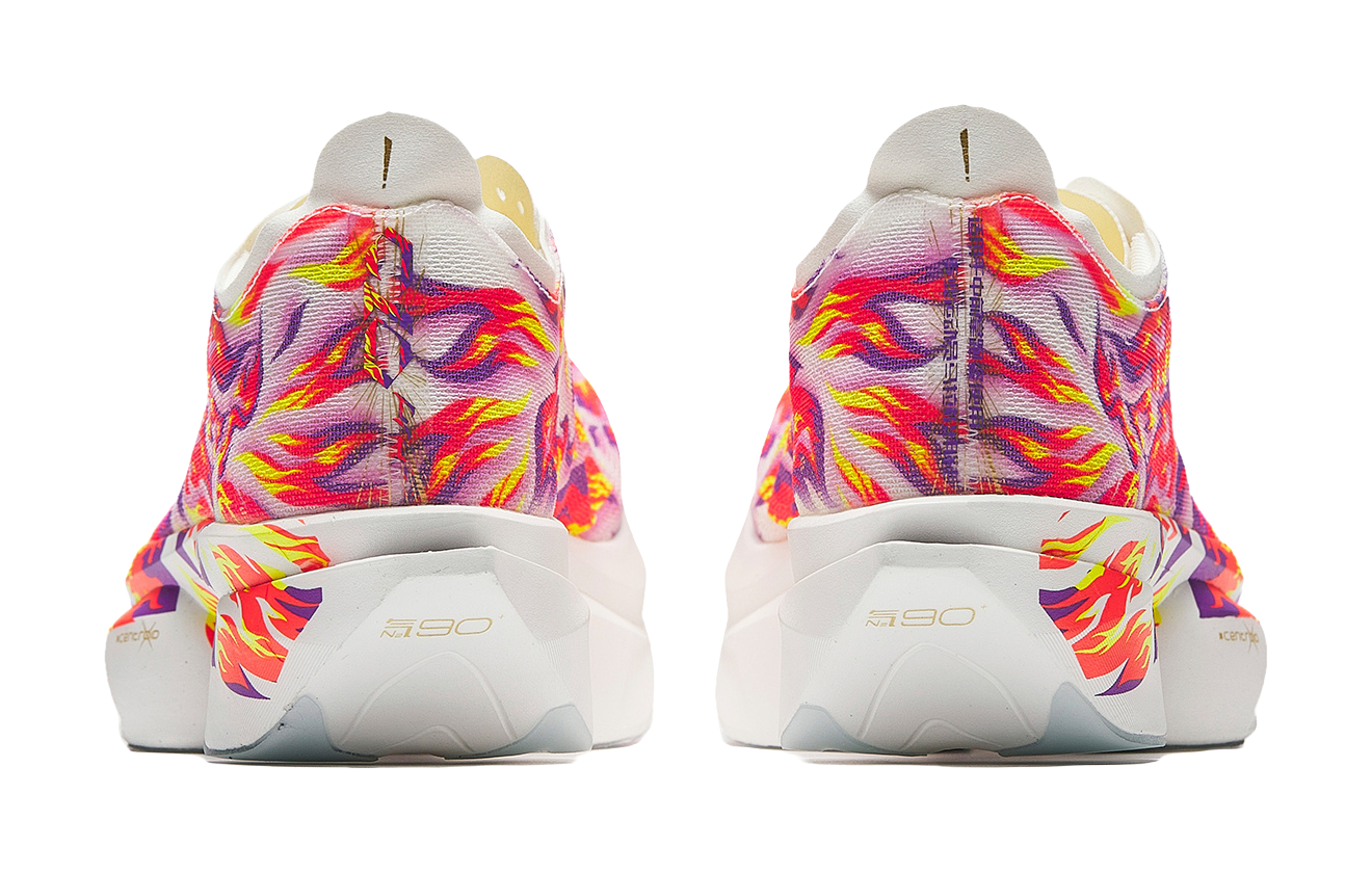 Marathon racing shoe heels, white with multicolor flame fabric and cushioned sole