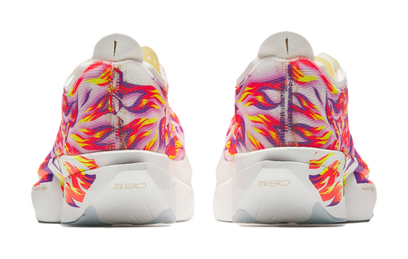 Marathon racing shoe heels, white with multicolor flame fabric and cushioned sole