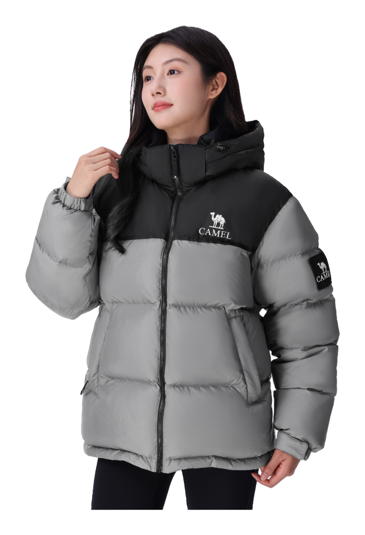 Unisex down puffer jacket, light gray with black hood, front zipper, CAMEL sleeve logo