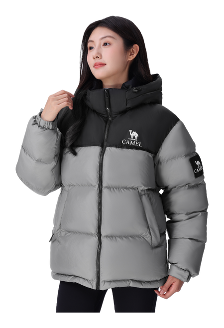 Unisex down puffer jacket, light gray with black hood, front zipper, CAMEL sleeve logo