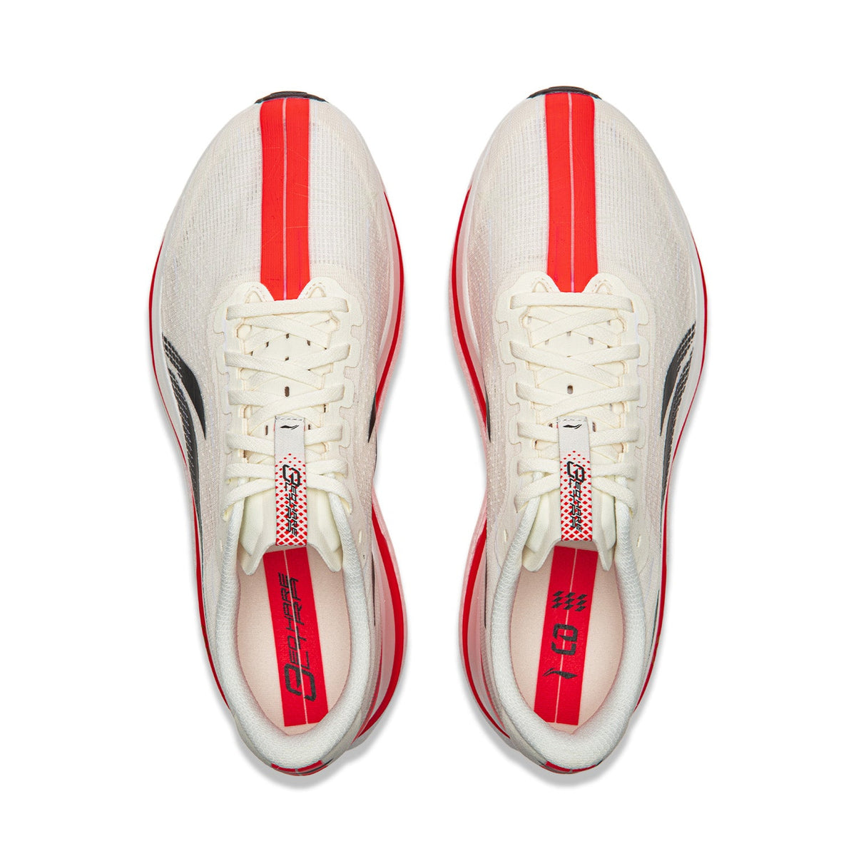 Champagne white running shoes pair with white laces and red heel stripe, top view