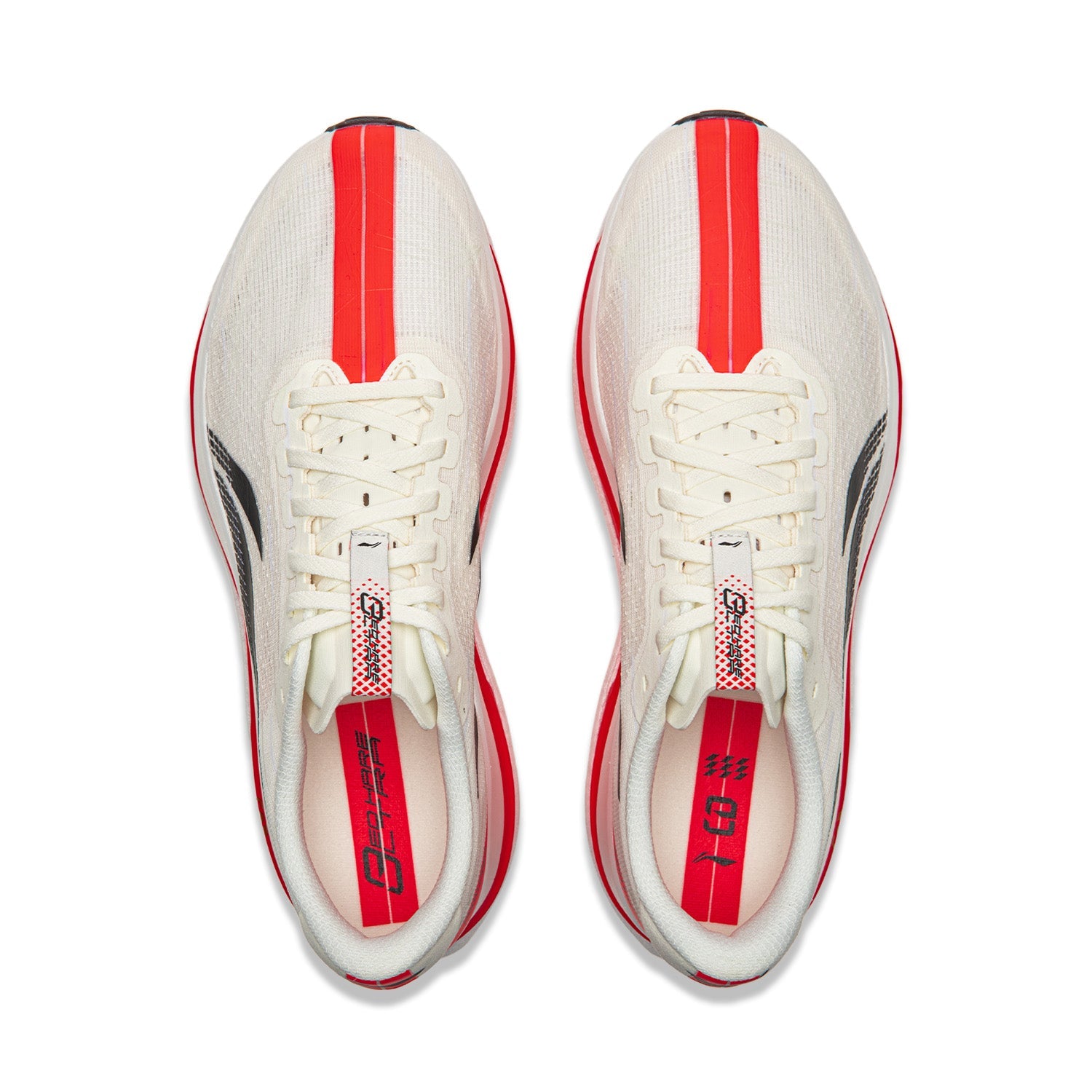 Champagne white running shoes pair with white laces and red heel stripe, top view