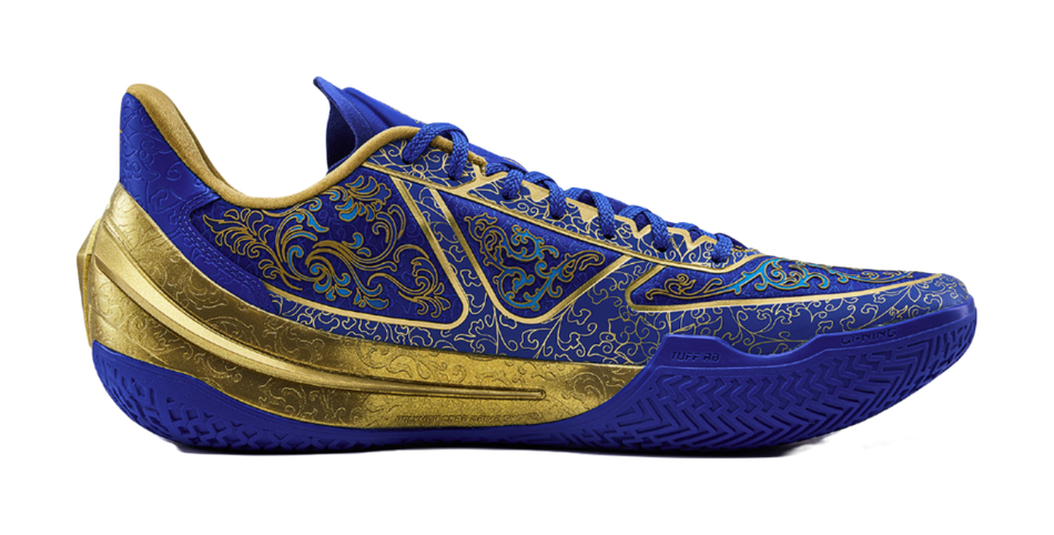 Unisex blue-and-gold basketball shoe, side view with decorative embroidery