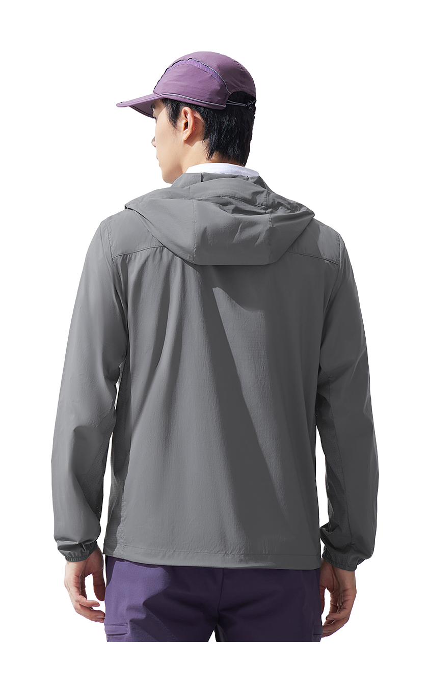Men's hooded sun jacket, gray, back view with adjustable hood