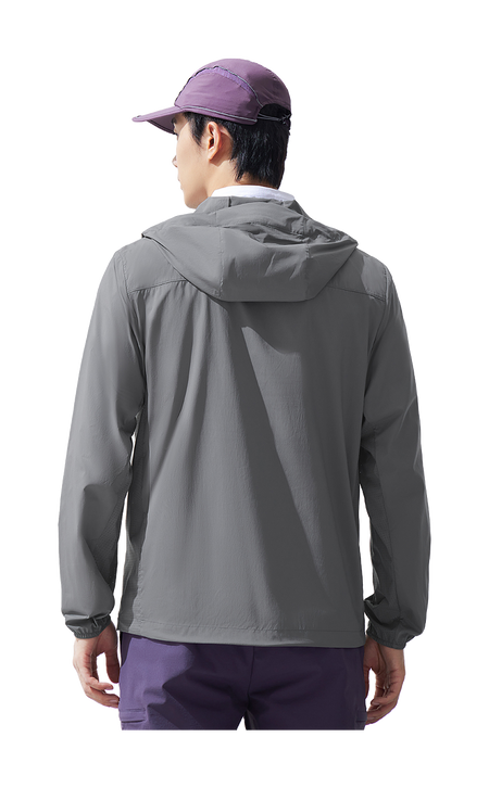 Men's hooded sun jacket, gray, back view with adjustable hood