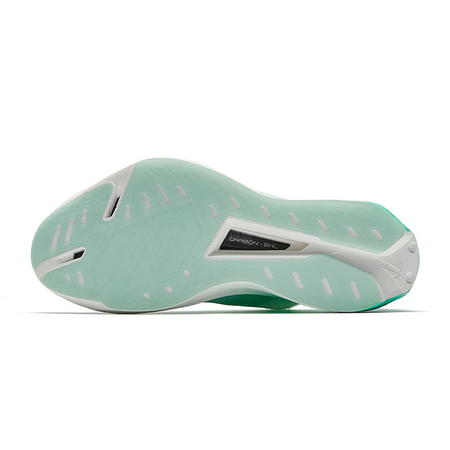 Racing shoe outsole with green tread pattern and black outsole label
