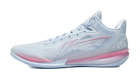 Men's low-top basketball shoe in light blue knit with pink accents and lace-up