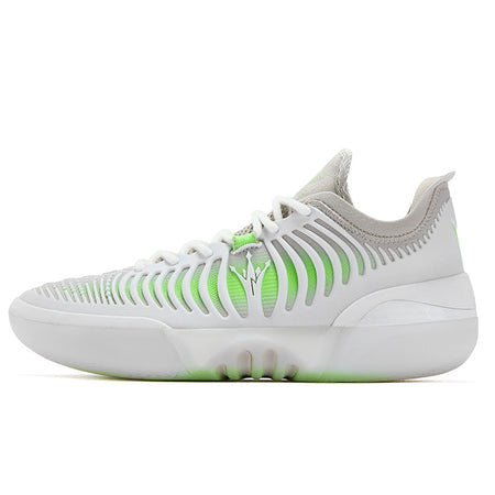 Basketball shoes with white knit upper, green stripe accents, lace-up, cushioned sole