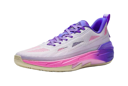 Misty purple and white basketball shoe, side view with pink and purple accents