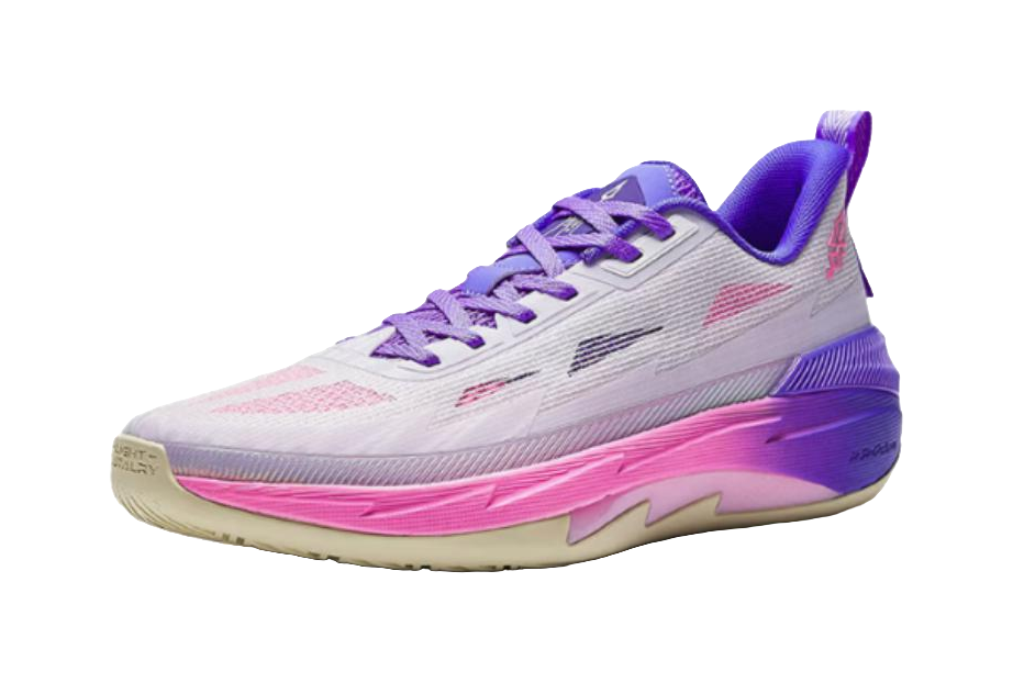 Misty purple and white basketball shoe, side view with pink and purple accents