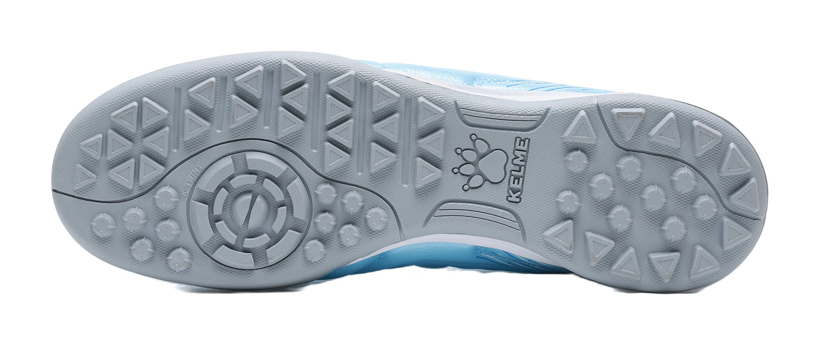 Gray TF turf outsole with stud pattern for blue soccer shoe