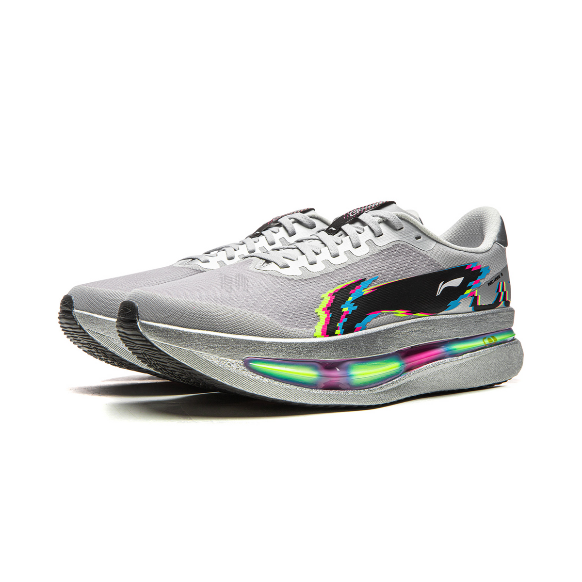crystal gray running shoes, 3/4 view with multicolor logo and rainbow heel midsole