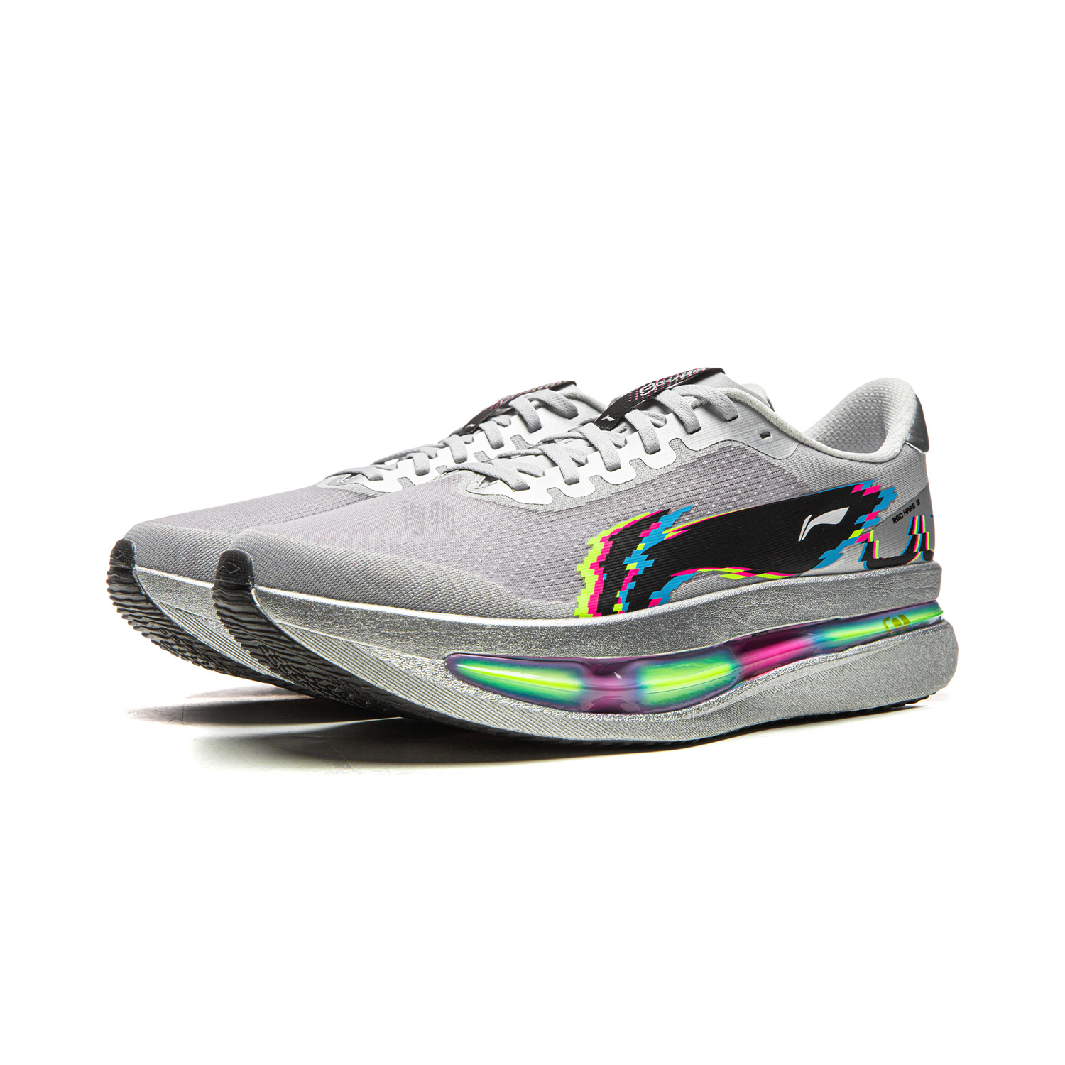 crystal gray running shoes, 3/4 view with multicolor logo and rainbow heel midsole
