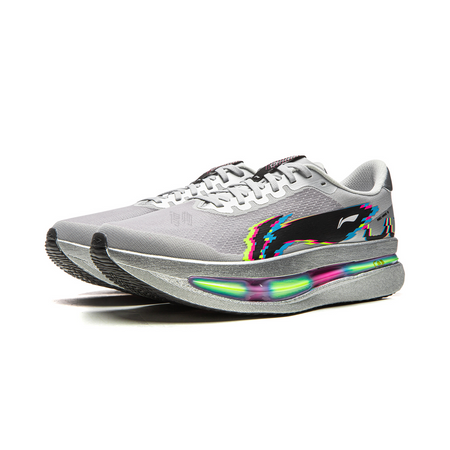 crystal gray running shoes, 3/4 view with multicolor logo and rainbow heel midsole