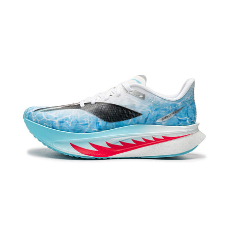 Men's running shoes, white and blue upper with red accent stripe, lace-up design.
