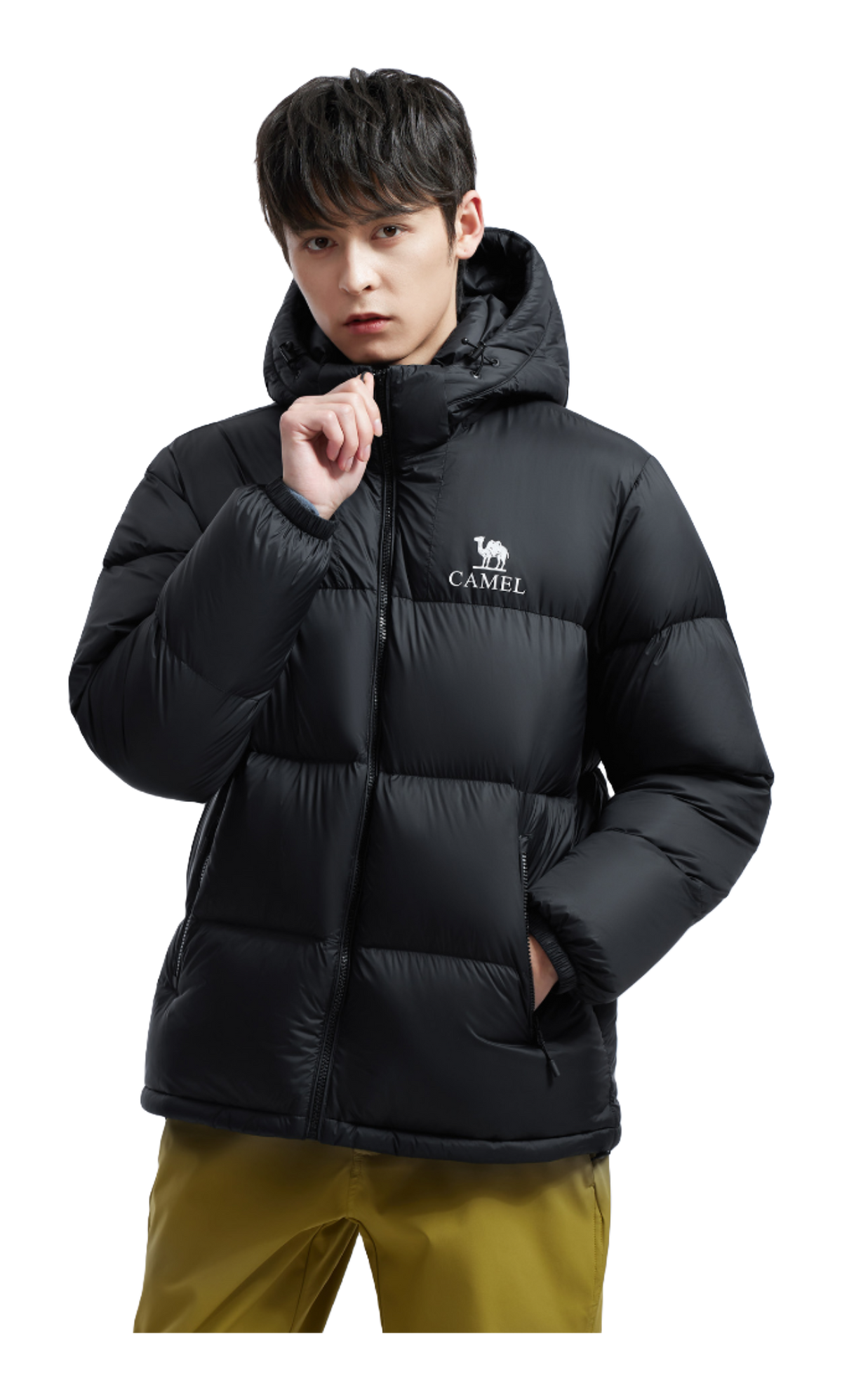 Unisex dark down puffer jacket with hood, full-zip front, logo patch and pockets