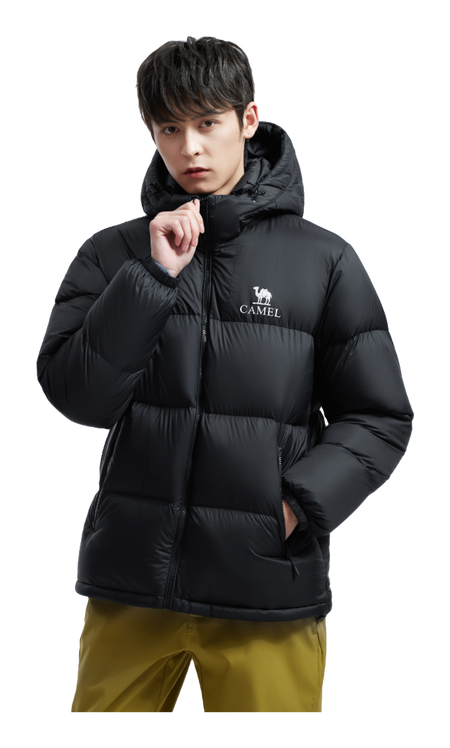 Unisex dark down puffer jacket with hood, full-zip front, logo patch and pockets