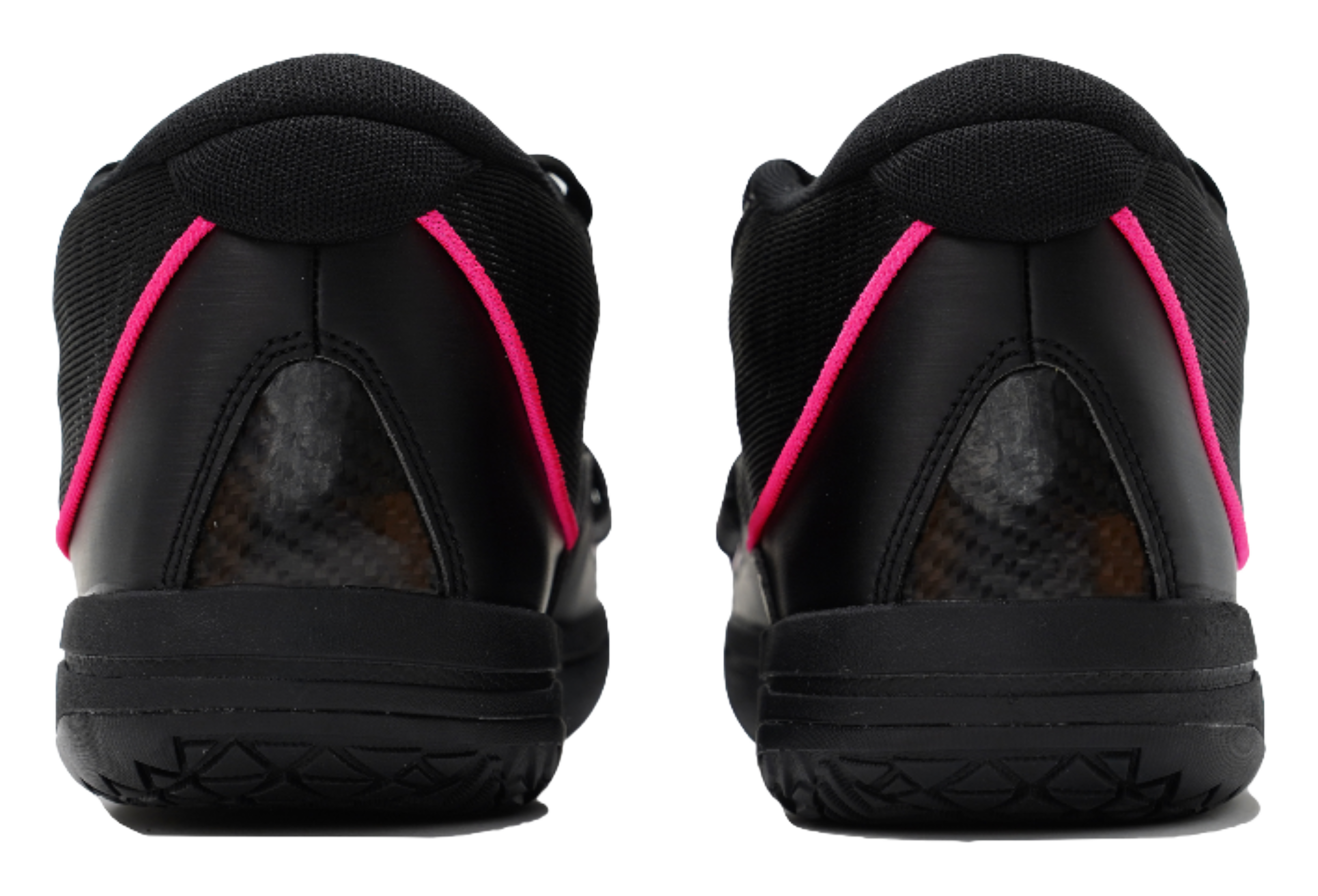 Black high-top heel view with pink trim and textured outsole edge