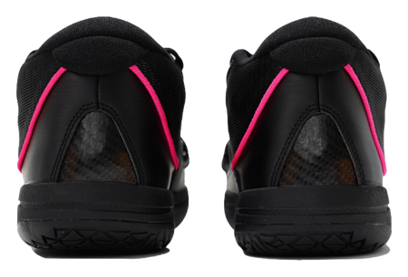 Black high-top heel view with pink trim and textured outsole edge