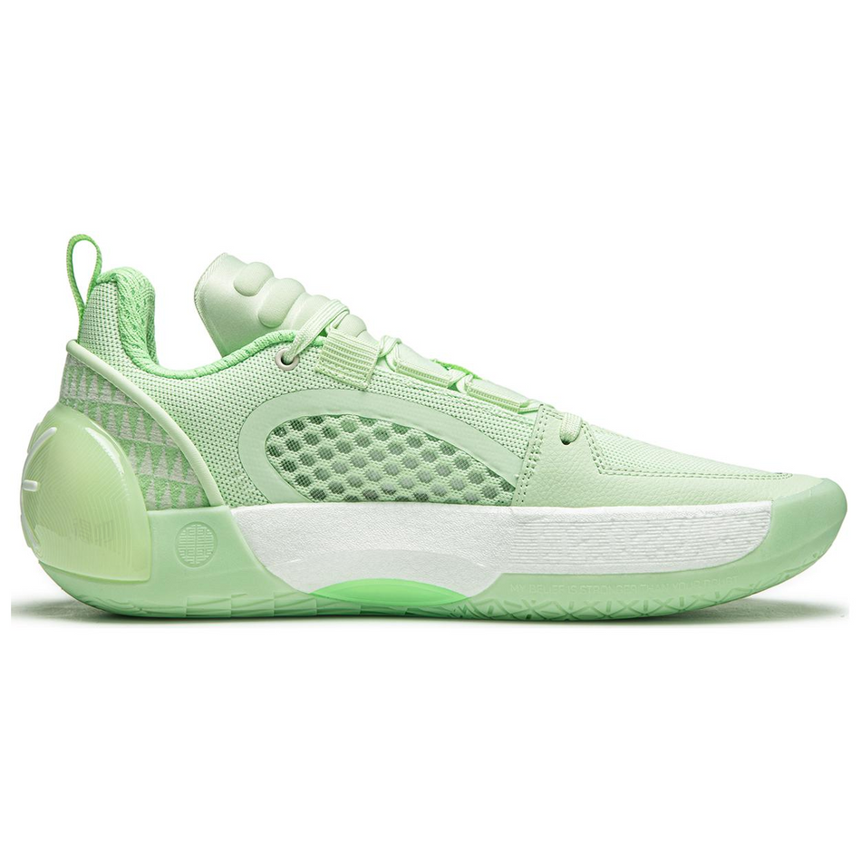 Agile green basketball shoe side view with mesh upper, lace-up closure, textured tread sole.