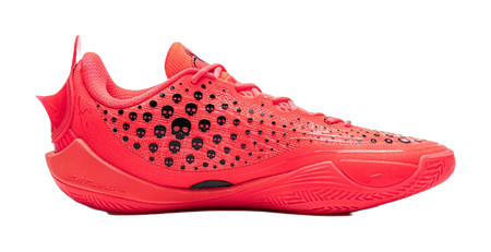 Fluorescent red low-top basketball shoe with speckled knit and black side accents