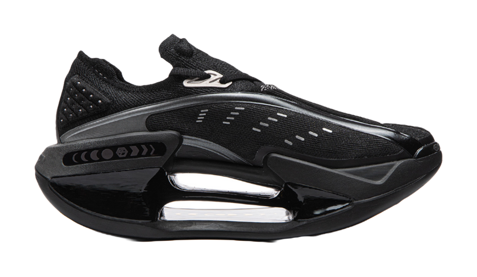 Black Li Ning Shadow 4 running shoes, side view with perforated heel and sculpted midsole