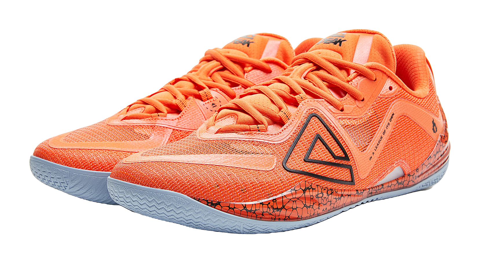 Orange basketball shoe, angled top view, lace-up textured mesh upper