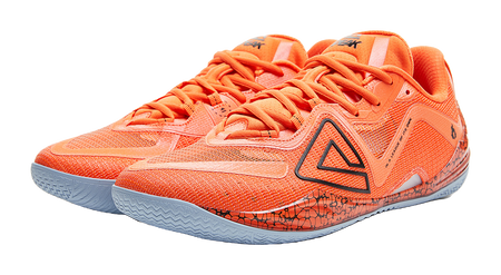 Orange basketball shoe, angled top view, lace-up textured mesh upper