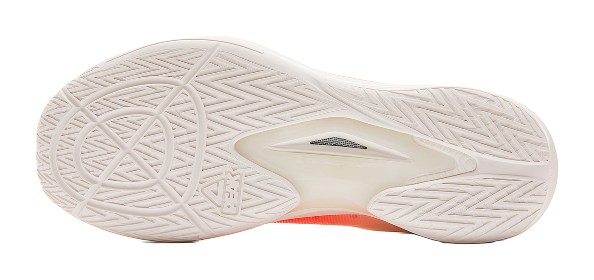 PEAK lightweight basketball shoes outsole with white traction tread and orange edge trim