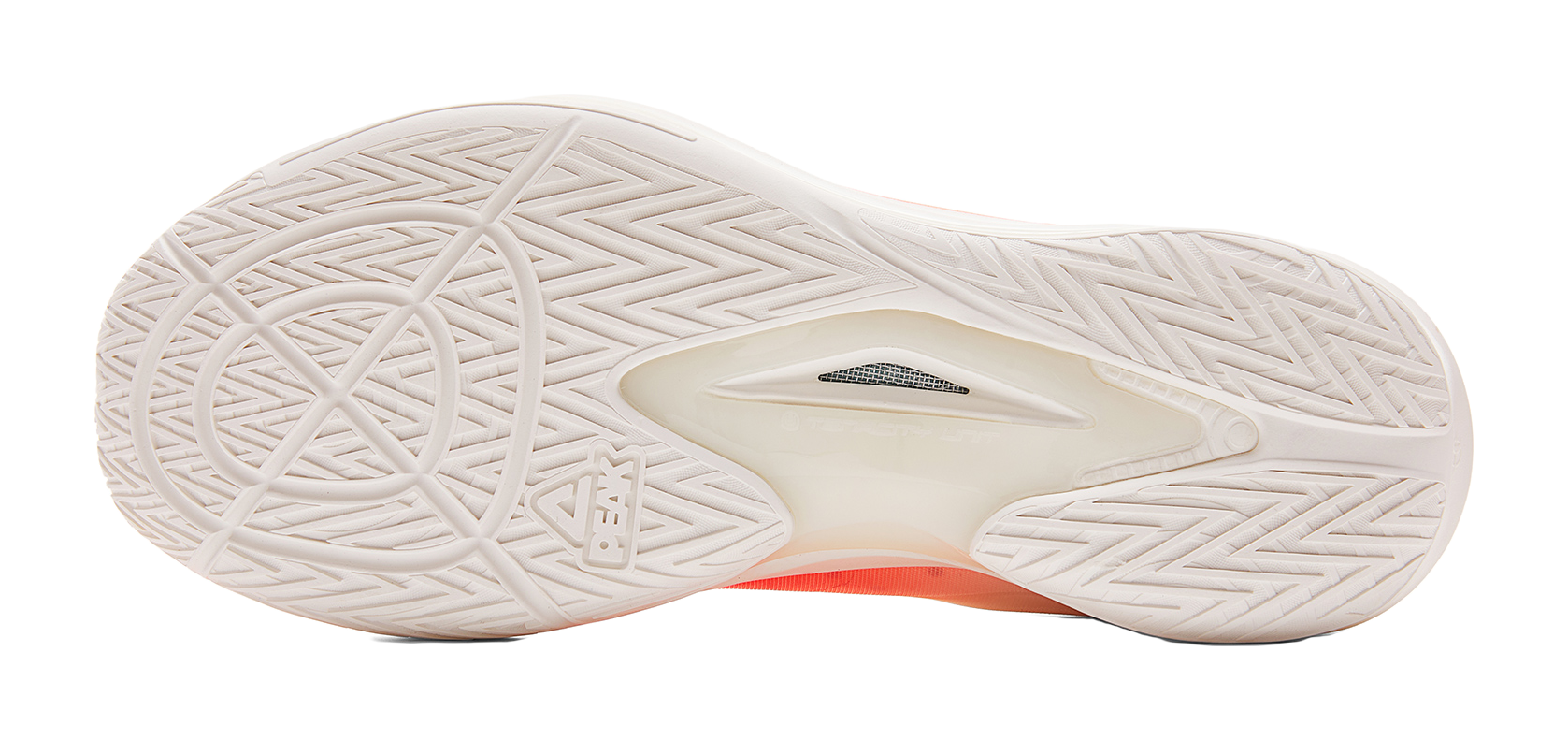 PEAK lightweight basketball shoes outsole with white traction tread and orange edge trim