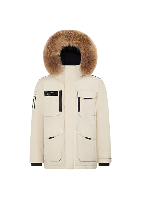 Oat/beige winter down jacket with faux-fur hood and snap front pockets