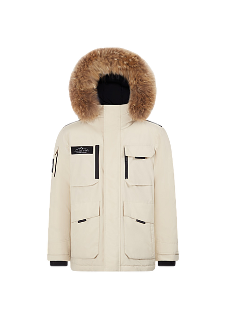 Oat/beige winter down jacket with faux-fur hood and snap front pockets