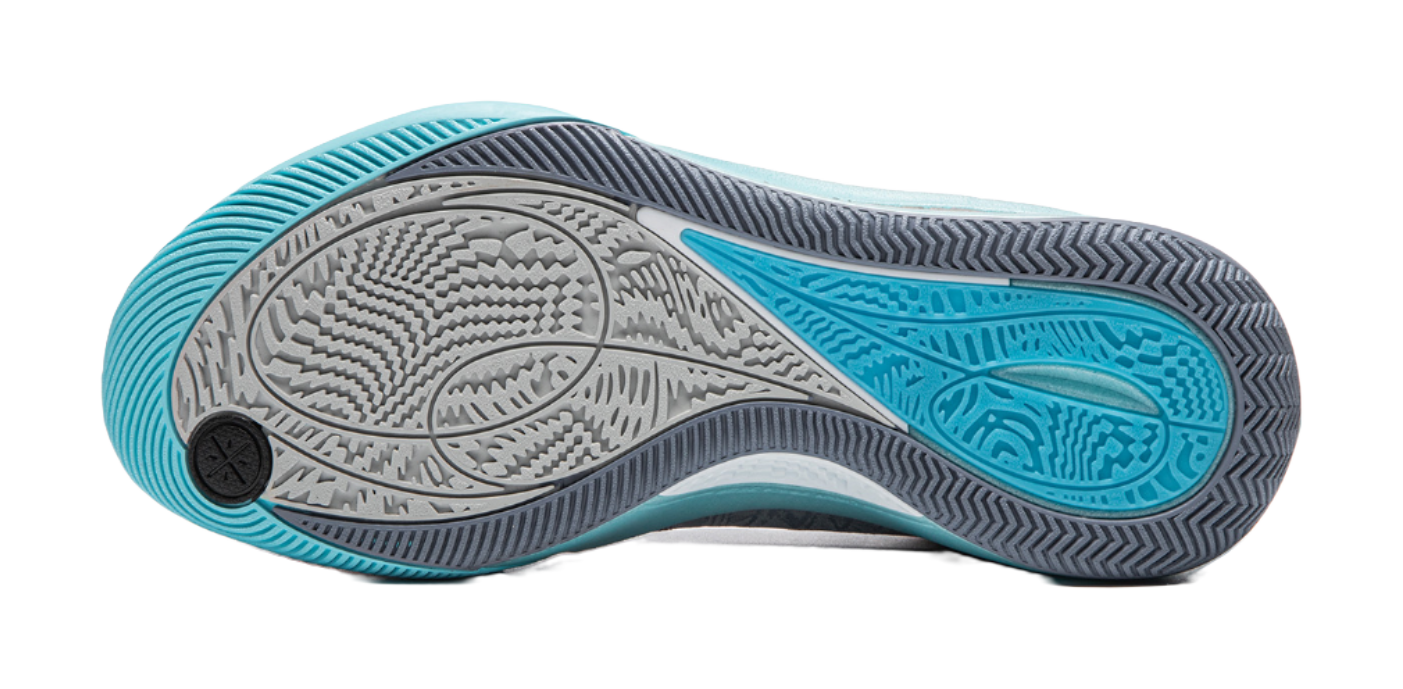 Men's low-top basketball shoe outsole tread, gray with blue traction zones