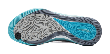 Men's low-top basketball shoe outsole tread, gray with blue traction zones