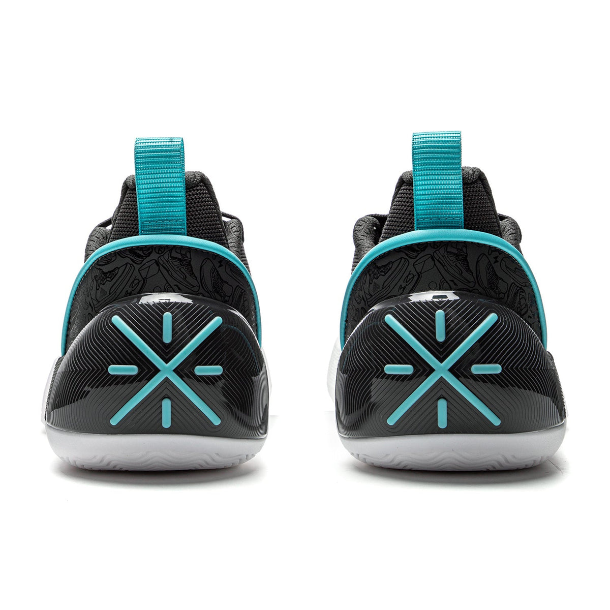 Men's basketball shoe heel view, dark outsole with teal strap and X-shaped tech graphic