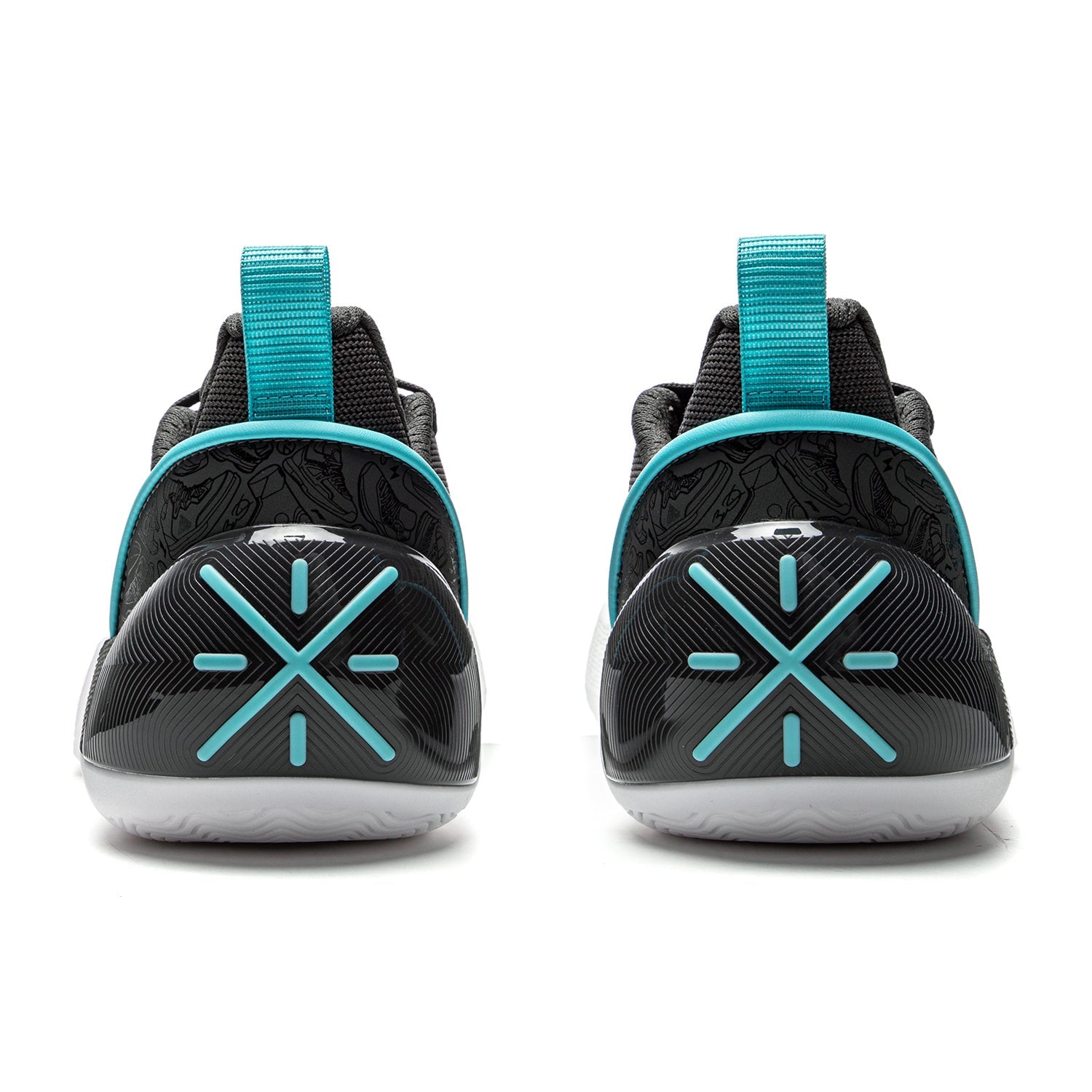 Men's basketball shoe heel view, dark outsole with teal strap and X-shaped tech graphic