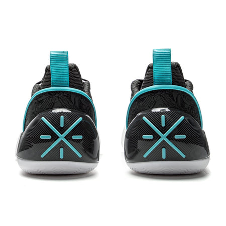 Men's basketball shoe heel view, dark outsole with teal strap and X-shaped tech graphic