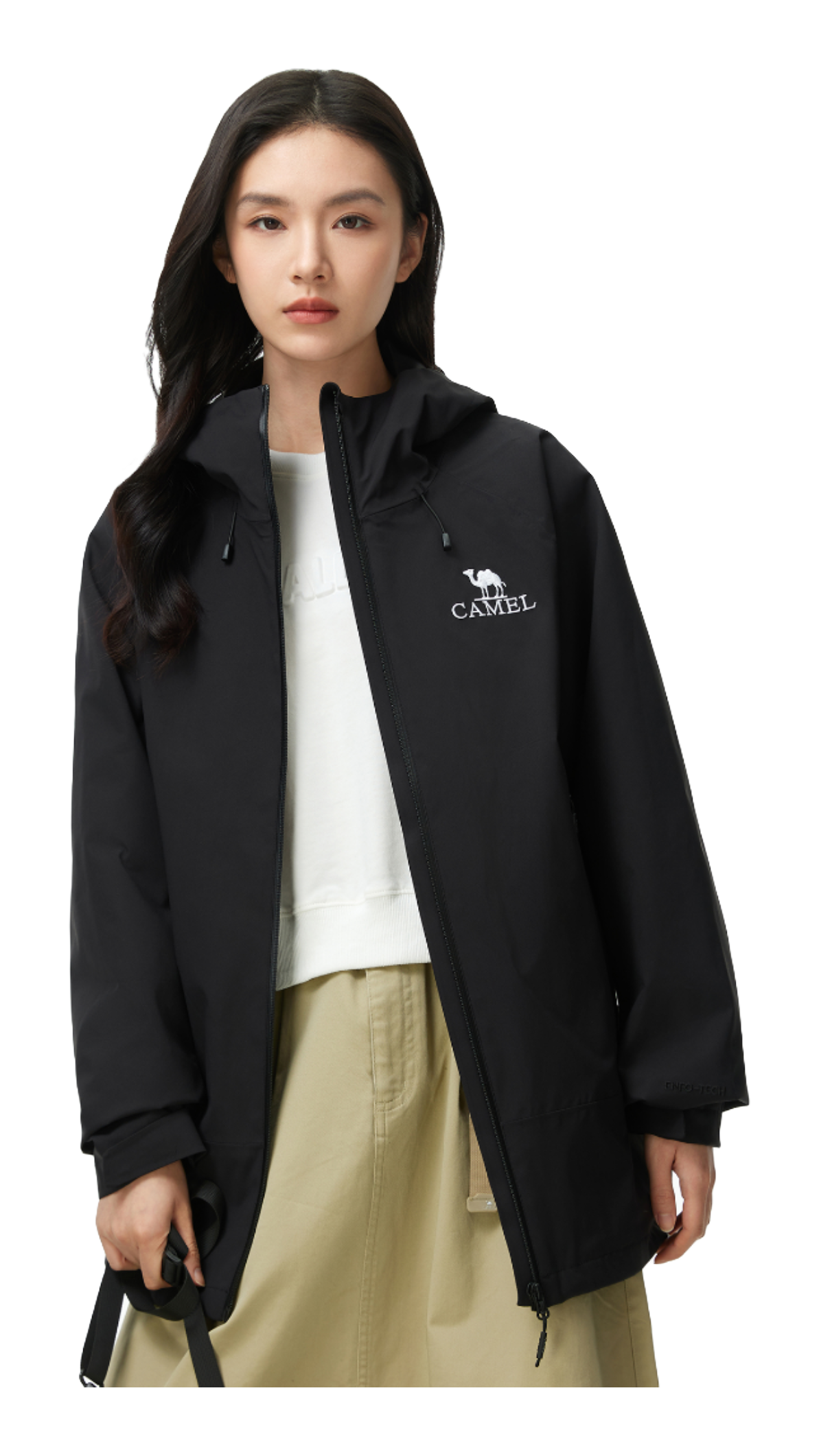 Black unisex windbreaker jacket with hood, full zip, and CAMEL chest logo