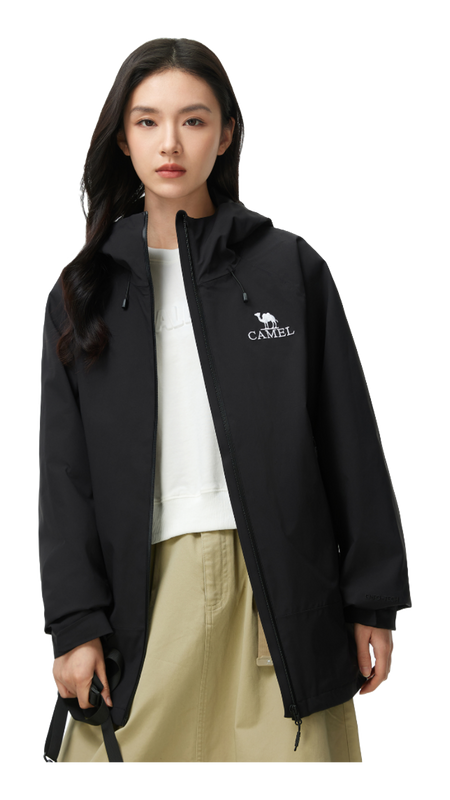 Black unisex windbreaker jacket with hood, full zip, and CAMEL chest logo