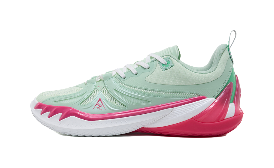 Mint green basketball shoe with pink accents, lace-up front, and white tread sole