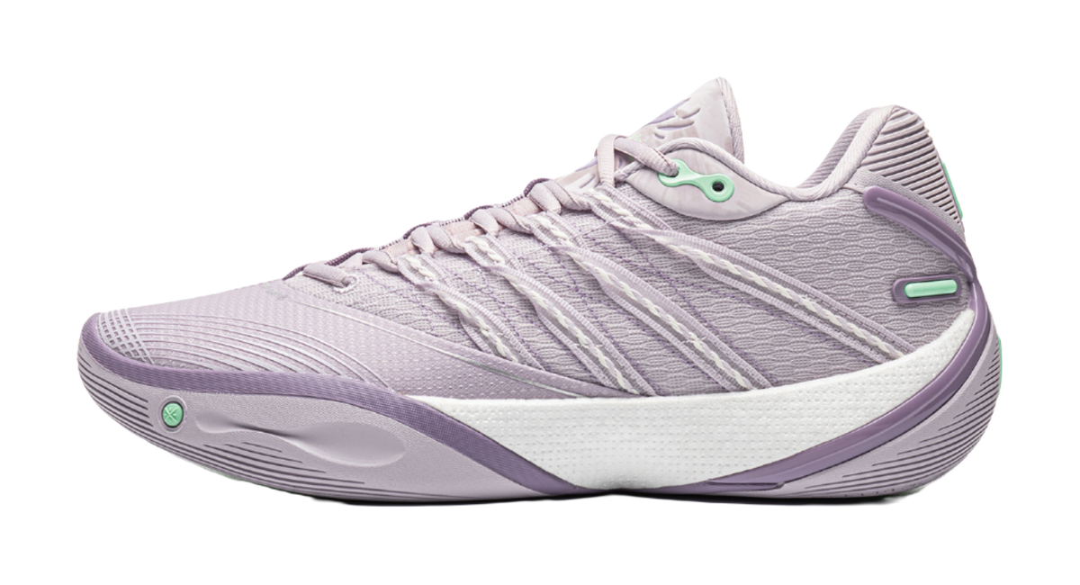 Lavender low basketball sneaker with ribbed side stripes and mint accent details