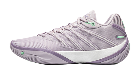Lavender low basketball sneaker with ribbed side stripes and mint accent details