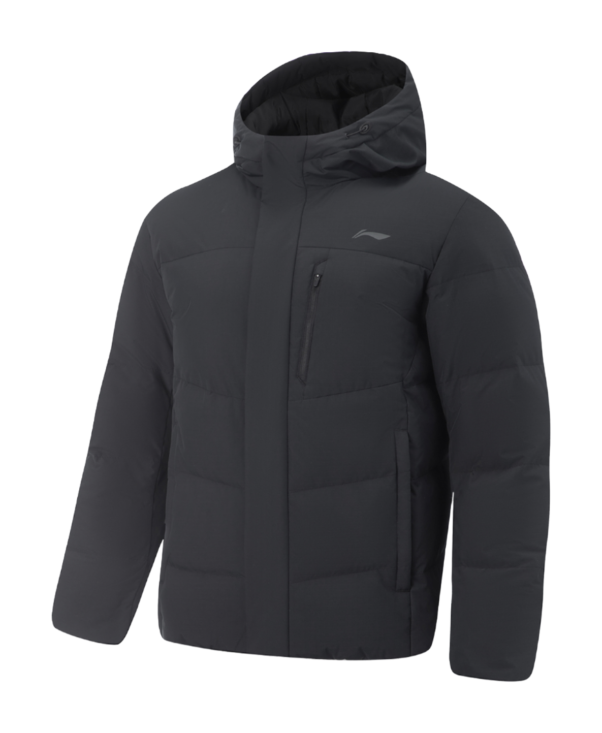Men's black down jacket with hood, full-zip front and chest pocket detail