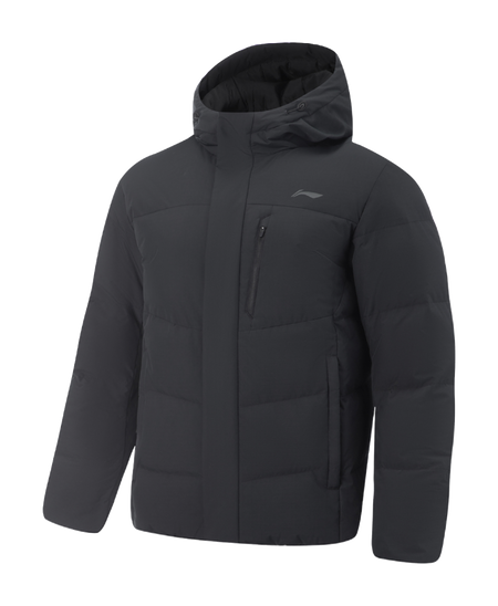 Men's black down jacket with hood, full-zip front and chest pocket detail