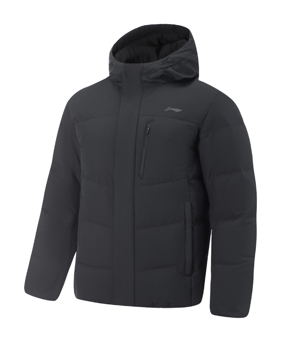 Men's black down jacket with hood, full-zip front and chest pocket detail