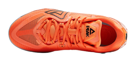Orange basketball shoe, top view of tongue and laces, black side logo