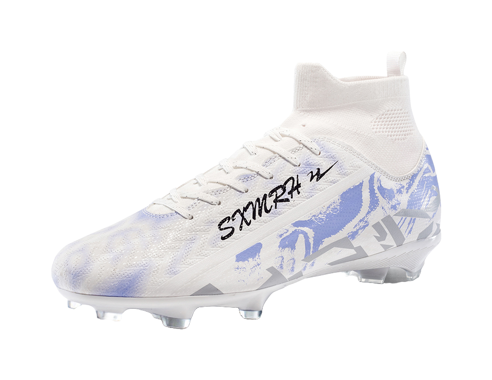 White high-top soccer shoe with blue print, laces, and textured upper