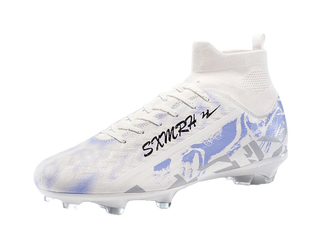 White high-top soccer shoe with blue print, laces, and textured upper